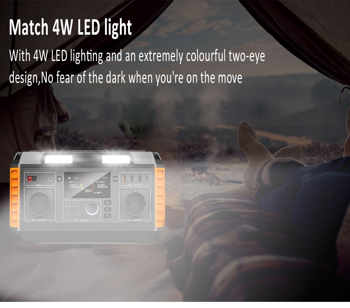 portable battery power station 600w with led light on